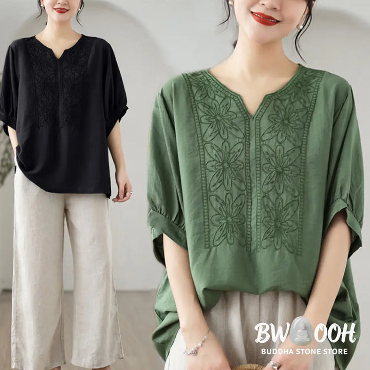 Buddha Stones Flower Embroidery Design Half Sleeve Cotton Linen T-shirt Tee - Women’s T-Shirts