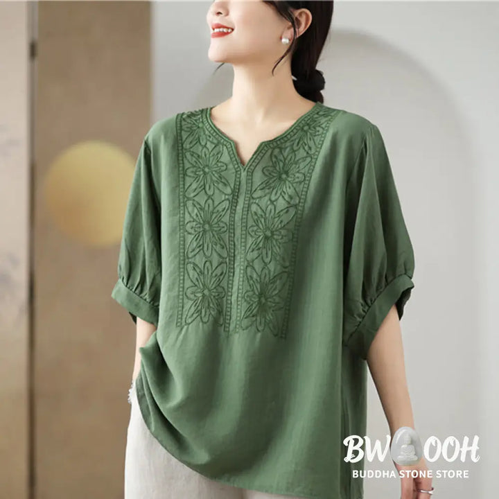 Buddha Stones Flower Embroidery Design Half Sleeve Cotton Linen T-shirt Tee - Women’s T-Shirts