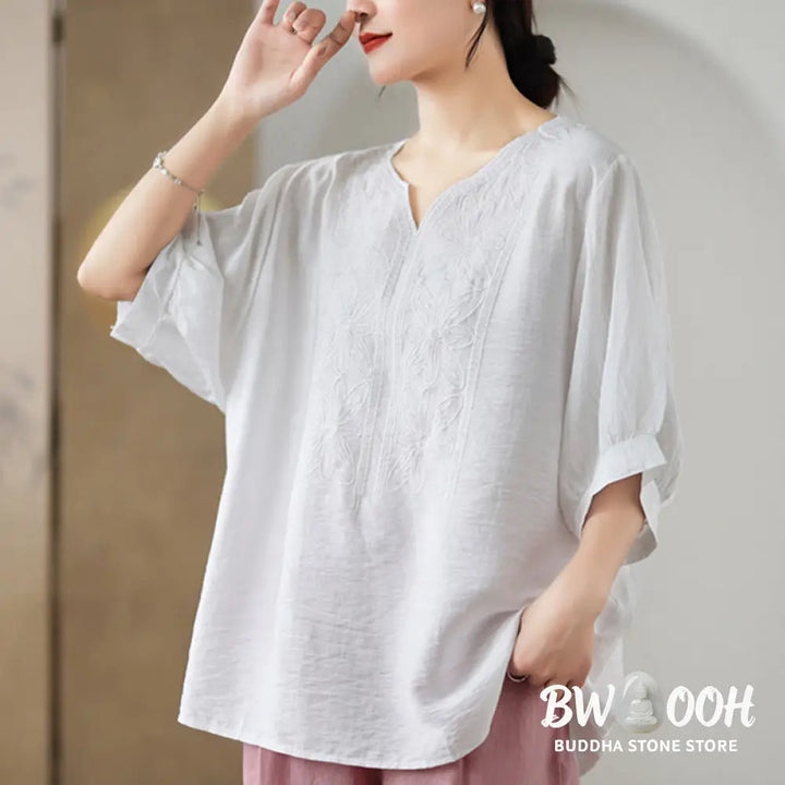 Buddha Stones Flower Embroidery Design Half Sleeve Cotton Linen T-shirt Tee - Women’s T-Shirts