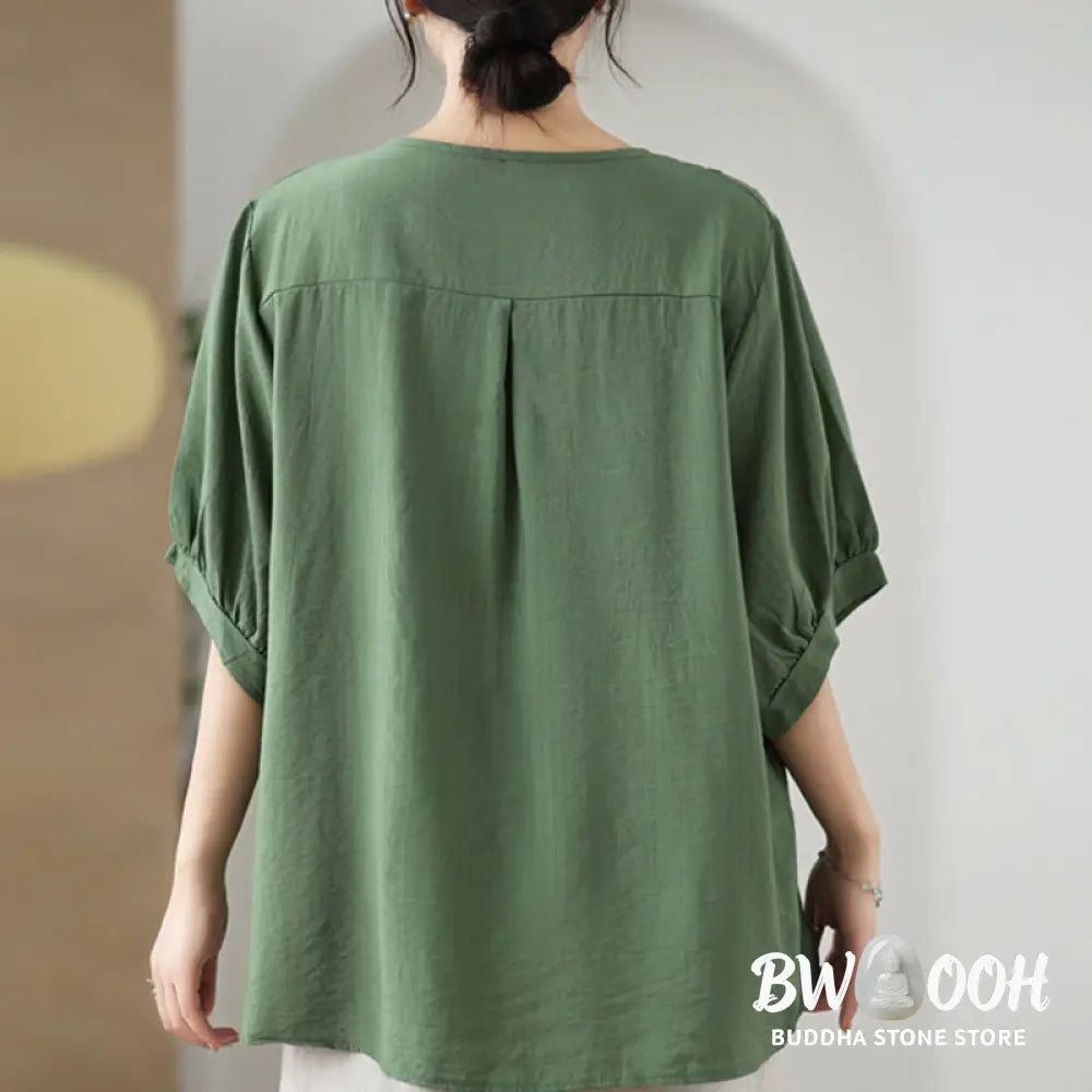 Buddha Stones Flower Embroidery Design Half Sleeve Cotton Linen T-shirt Tee - Women’s T-Shirts