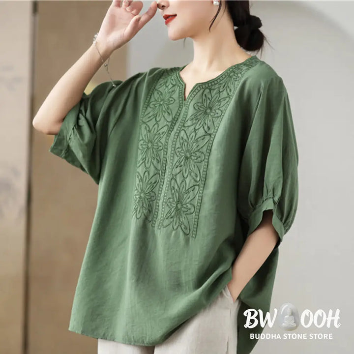 Buddha Stones Flower Embroidery Design Half Sleeve Cotton Linen T-shirt Tee - Women’s T-Shirts