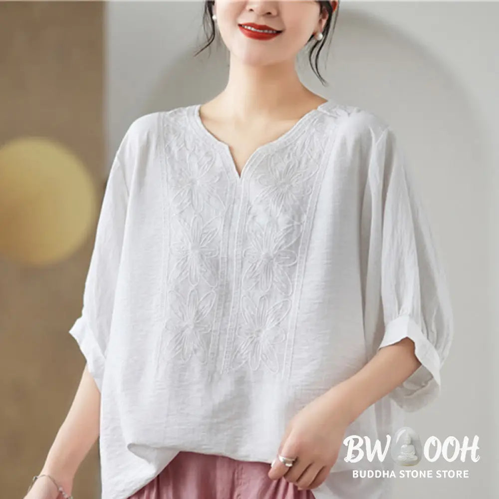 Buddha Stones Flower Embroidery Design Half Sleeve Cotton Linen T-shirt Tee - Women’s T-Shirts