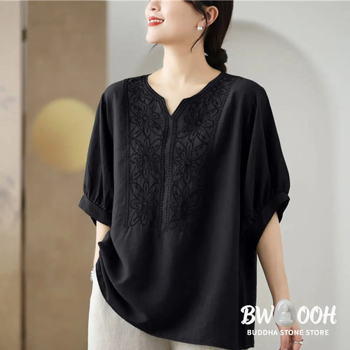 Buddha Stones Flower Embroidery Design Half Sleeve Cotton Linen T-shirt Tee - Women’s T-Shirts