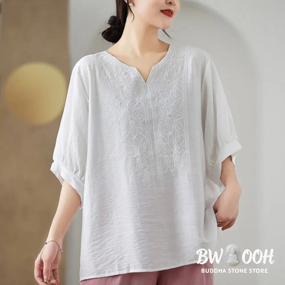 Buddha Stones Flower Embroidery Design Half Sleeve Cotton Linen T-shirt Tee - Women’s T-Shirts