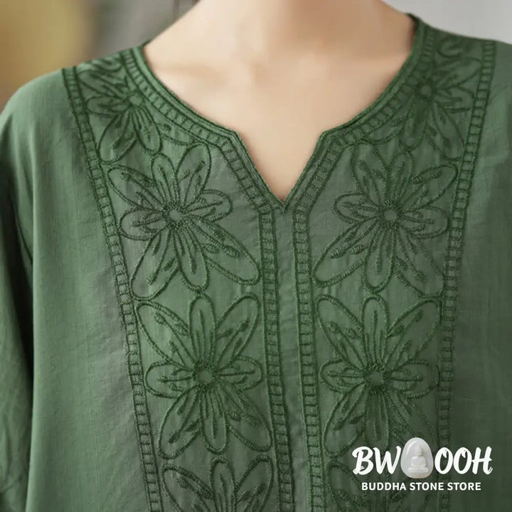 Buddha Stones Flower Embroidery Design Half Sleeve Cotton Linen T-shirt Tee - Women’s T-Shirts