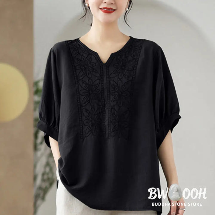 Buddha Stones Flower Embroidery Design Half Sleeve Cotton Linen T-shirt Tee - Women’s T-Shirts
