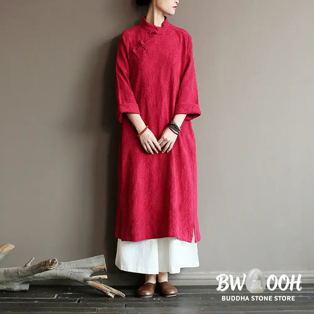Buddha Stones Flower Jacquard Midi Dress Long Sleeve Cotton Linen Dress Wide Leg Pants With Pockets - Midi Dress&amp;Wide