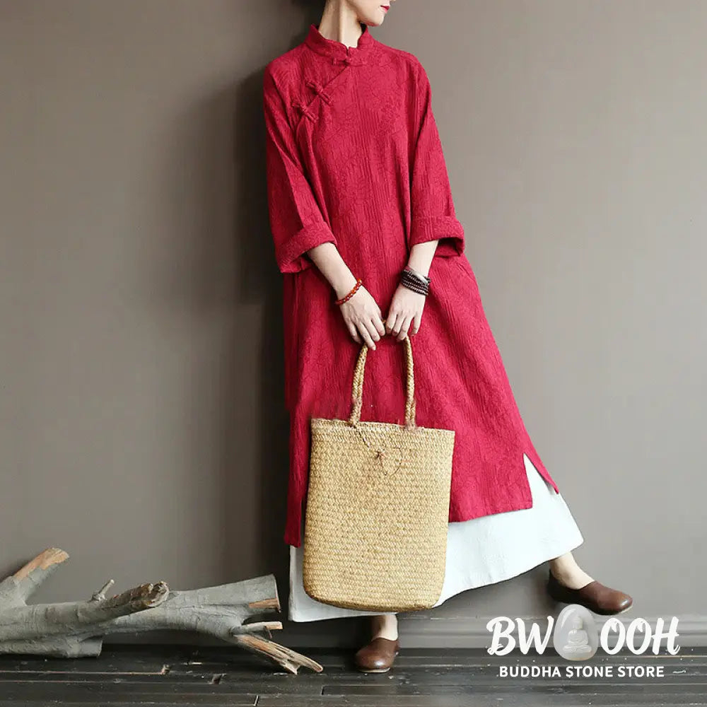 Buddha Stones Flower Jacquard Midi Dress Long Sleeve Cotton Linen Dress Wide Leg Pants With Pockets - Midi Dress&amp;Wide