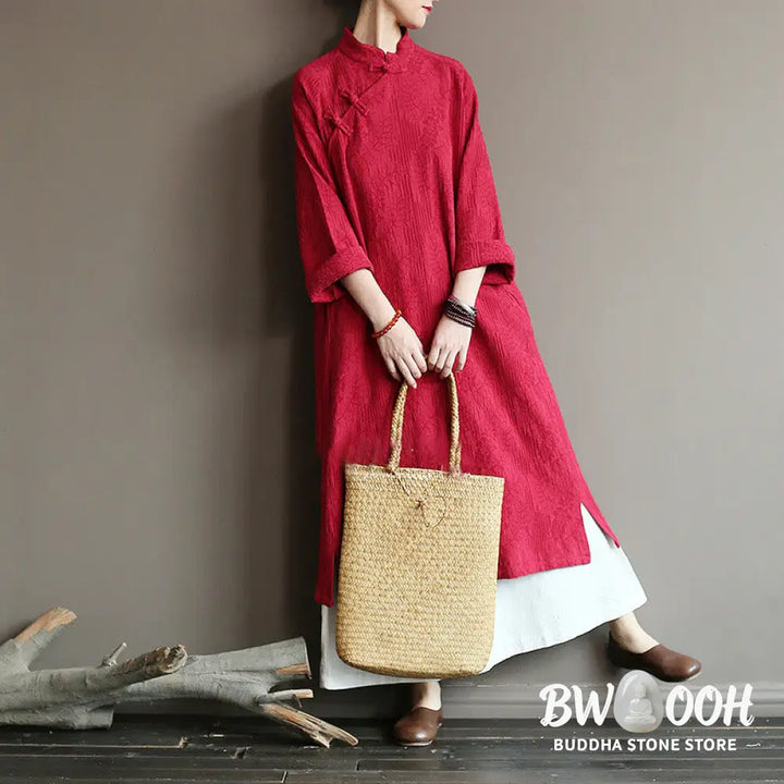 Buddha Stones Flower Jacquard Midi Dress Long Sleeve Cotton Linen Dress Wide Leg Pants With Pockets - Midi Dress&amp;Wide