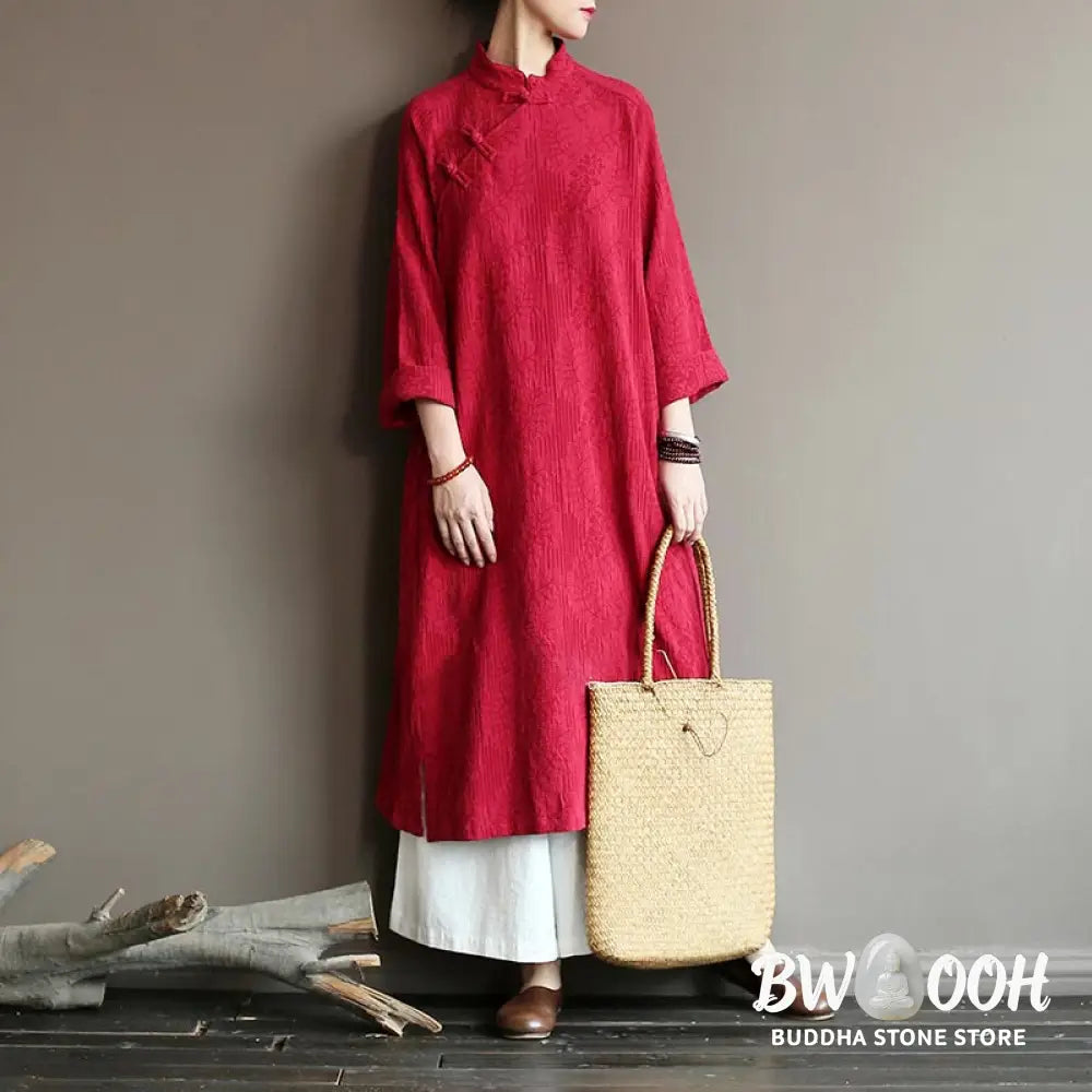 Buddha Stones Flower Jacquard Midi Dress Long Sleeve Cotton Linen Dress Wide Leg Pants With Pockets - Midi Dress&amp;Wide