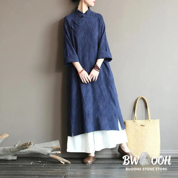 Buddha Stones Flower Jacquard Midi Dress Long Sleeve Cotton Linen Dress Wide Leg Pants With Pockets - Midi Dress&amp;Wide