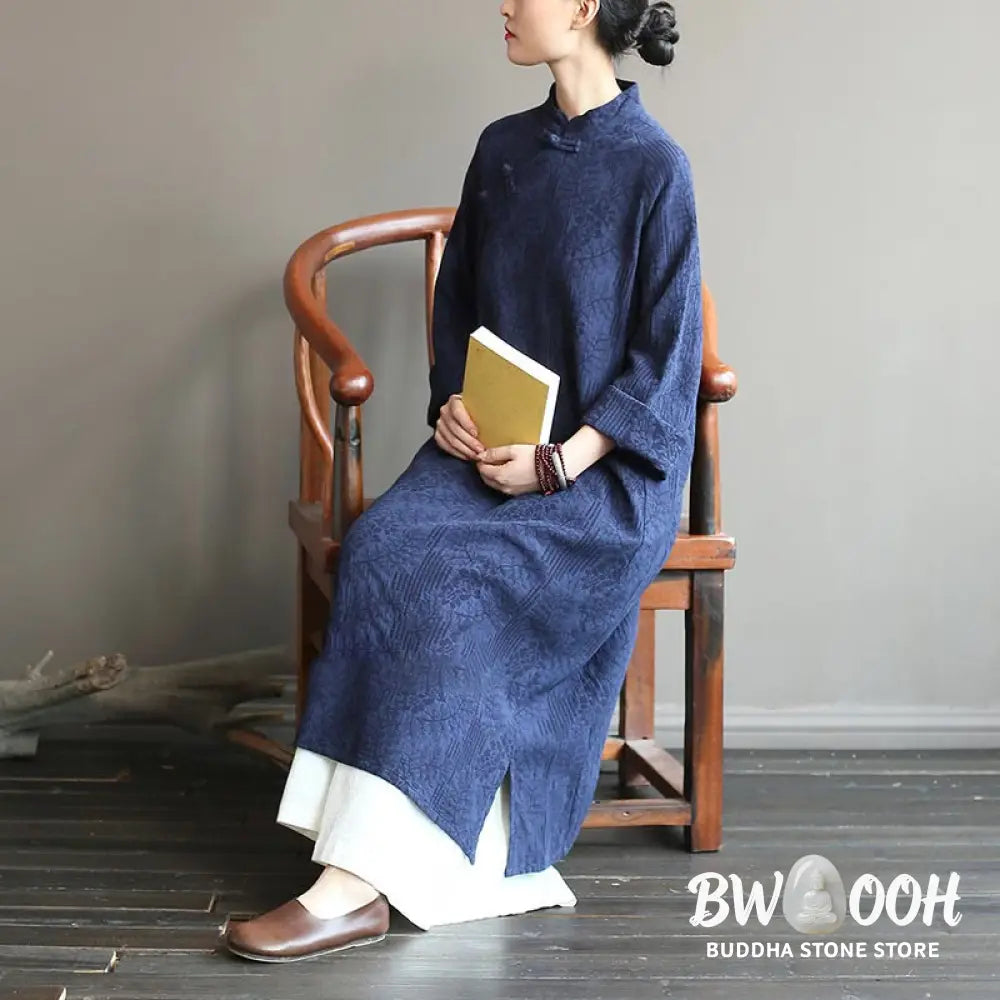 Buddha Stones Flower Jacquard Midi Dress Long Sleeve Cotton Linen Dress Wide Leg Pants With Pockets - Midi Dress&amp;Wide