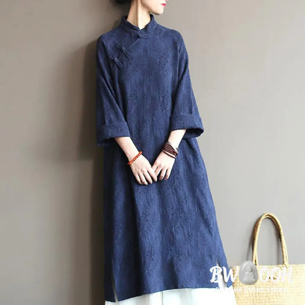 Buddha Stones Flower Jacquard Midi Dress Long Sleeve Cotton Linen Dress Wide Leg Pants With Pockets - Midi Dress&amp;Wide