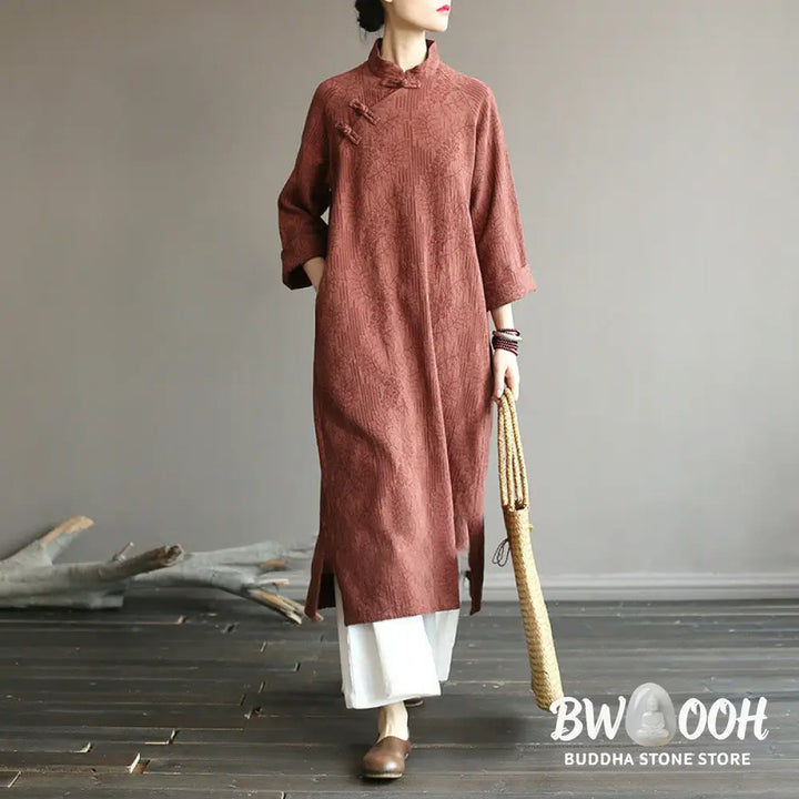 Buddha Stones Flower Jacquard Midi Dress Long Sleeve Cotton Linen Dress Wide Leg Pants With Pockets - Midi Dress&amp;Wide
