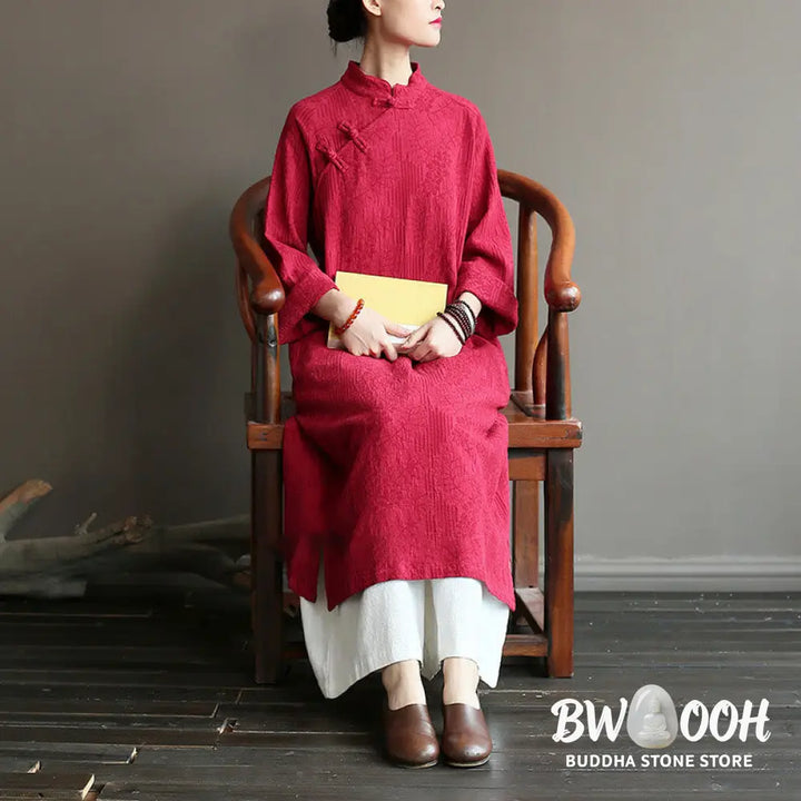 Buddha Stones Flower Jacquard Midi Dress Long Sleeve Cotton Linen Dress Wide Leg Pants With Pockets - Midi Dress&amp;Wide