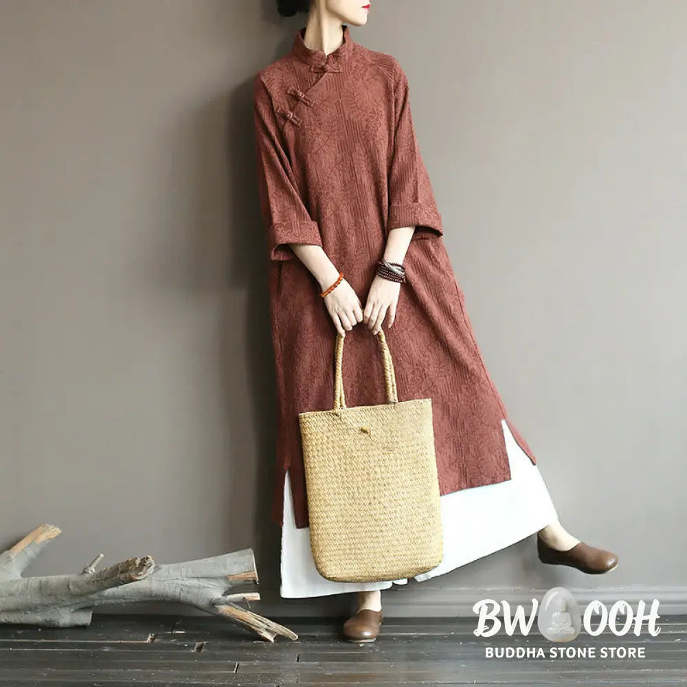 Buddha Stones Flower Jacquard Midi Dress Long Sleeve Cotton Linen Dress Wide Leg Pants With Pockets - Midi Dress&amp;Wide