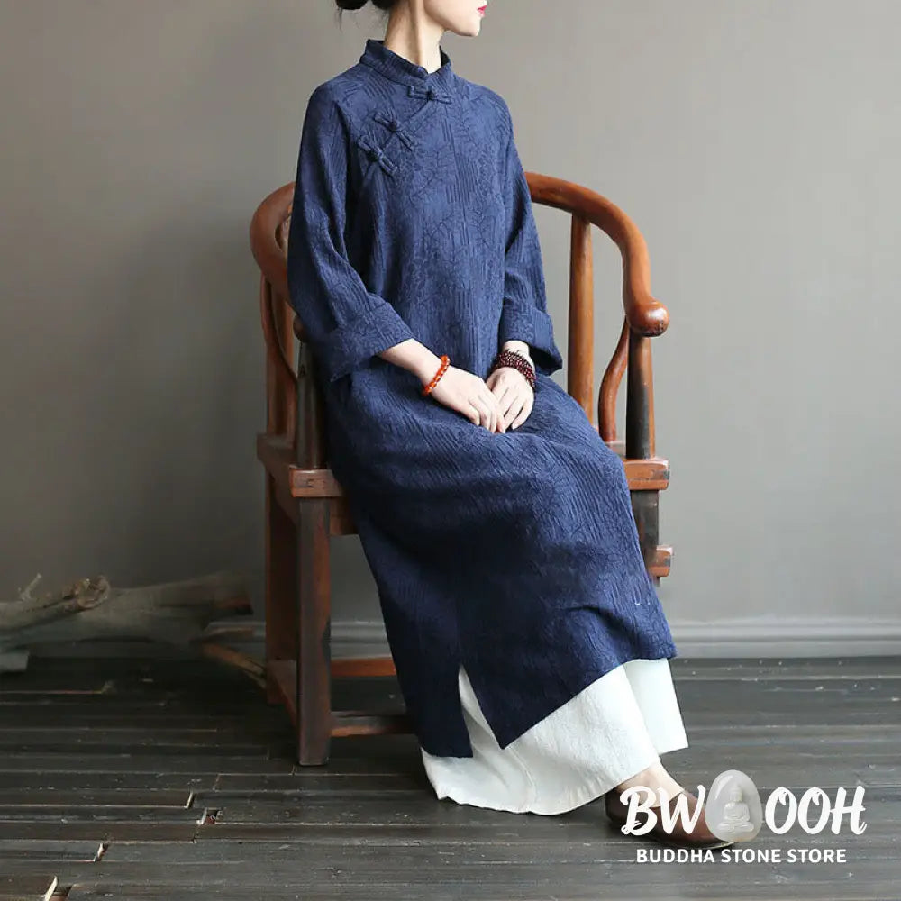 Buddha Stones Flower Jacquard Midi Dress Long Sleeve Cotton Linen Dress Wide Leg Pants With Pockets - Midi Dress&amp;Wide
