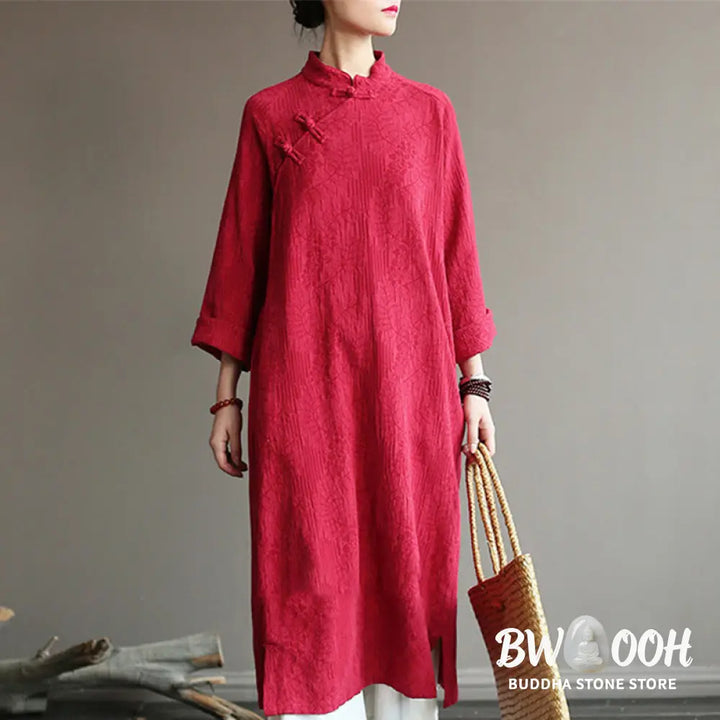 Buddha Stones Flower Jacquard Midi Dress Long Sleeve Cotton Linen Dress Wide Leg Pants With Pockets - Midi Dress&amp;Wide