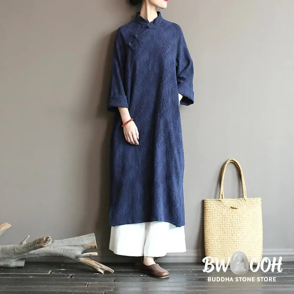 Buddha Stones Flower Jacquard Midi Dress Long Sleeve Cotton Linen Dress Wide Leg Pants With Pockets - Midi Dress&amp;Wide
