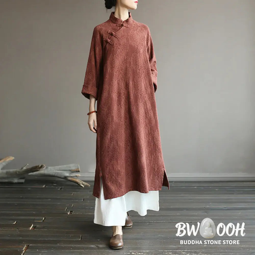 Buddha Stones Flower Jacquard Midi Dress Long Sleeve Cotton Linen Dress Wide Leg Pants With Pockets - Midi Dress&amp;Wide