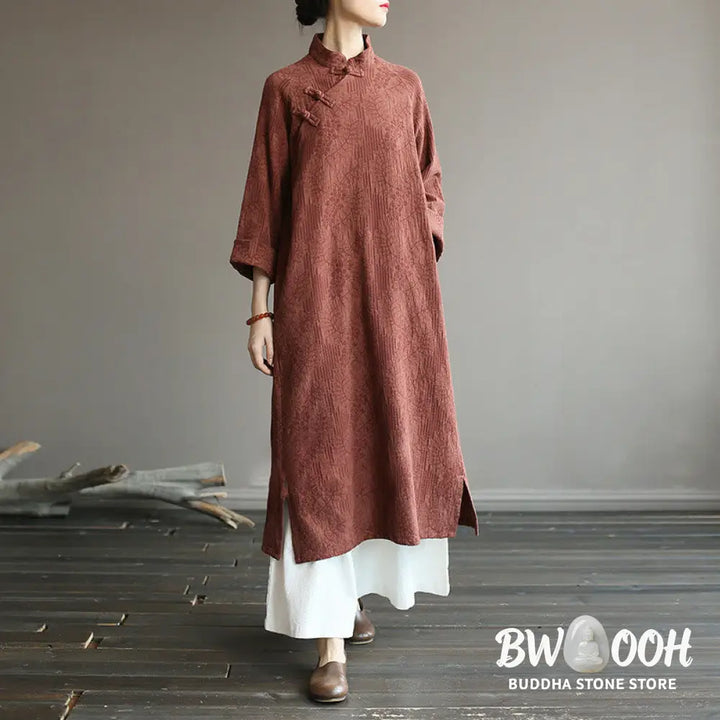 Buddha Stones Flower Jacquard Midi Dress Long Sleeve Cotton Linen Dress Wide Leg Pants With Pockets - Midi Dress&amp;Wide