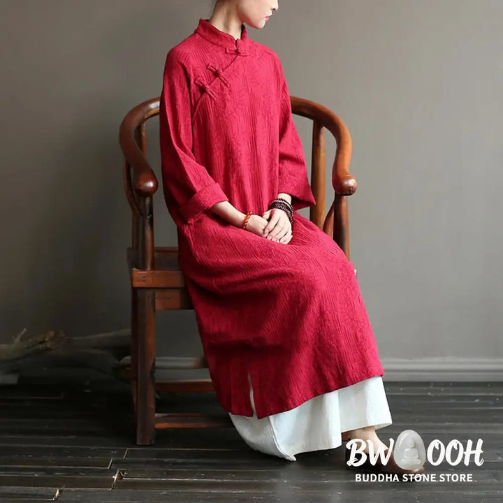 Buddha Stones Flower Jacquard Midi Dress Long Sleeve Cotton Linen Dress Wide Leg Pants With Pockets - Midi Dress&amp;Wide