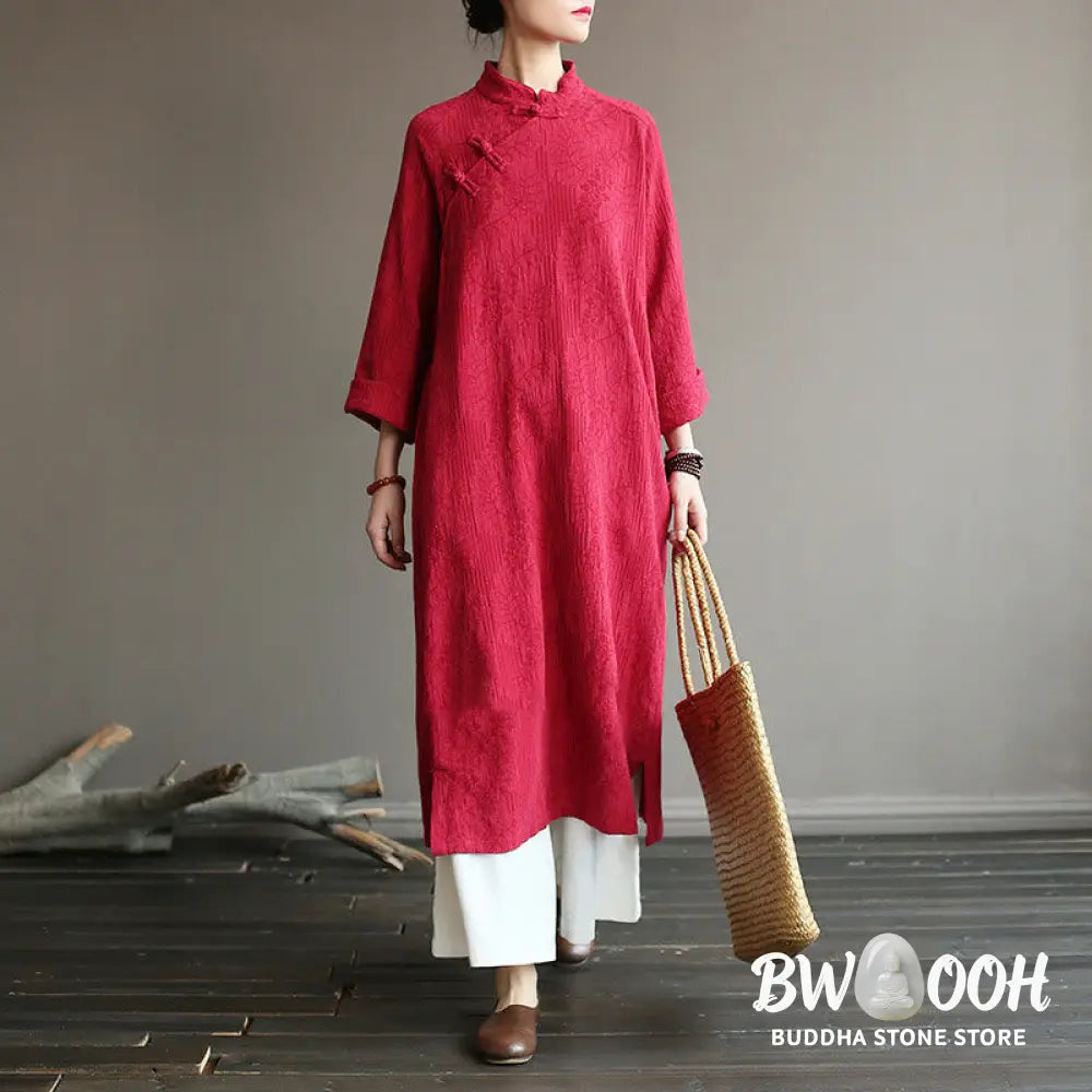 Buddha Stones Flower Jacquard Midi Dress Long Sleeve Cotton Linen Dress Wide Leg Pants With Pockets - Midi Dress&amp;Wide