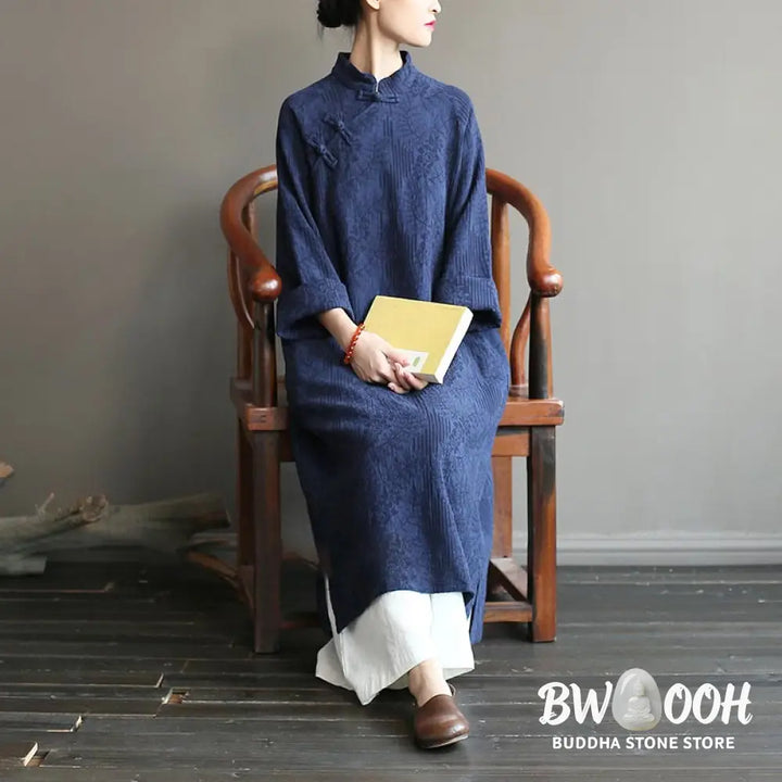 Buddha Stones Flower Jacquard Midi Dress Long Sleeve Cotton Linen Dress Wide Leg Pants With Pockets - Midi Dress&amp;Wide