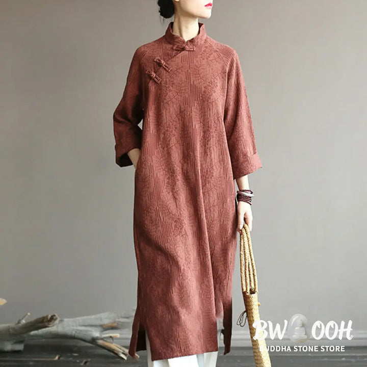 Buddha Stones Flower Jacquard Midi Dress Long Sleeve Cotton Linen Dress Wide Leg Pants With Pockets - Midi Dress&amp;Wide