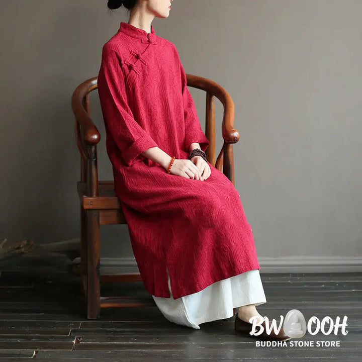 Buddha Stones Flower Jacquard Midi Dress Long Sleeve Cotton Linen Dress Wide Leg Pants With Pockets - Midi Dress&amp;Wide
