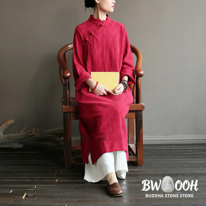 Buddha Stones Flower Jacquard Midi Dress Long Sleeve Cotton Linen Dress Wide Leg Pants With Pockets - Midi Dress&amp;Wide