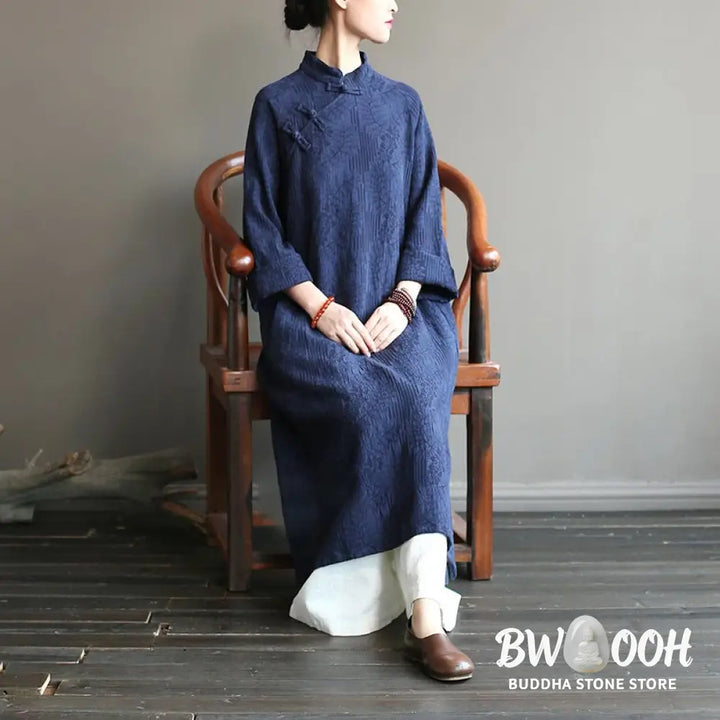 Buddha Stones Flower Jacquard Midi Dress Long Sleeve Cotton Linen Dress Wide Leg Pants With Pockets - Midi Dress&amp;Wide