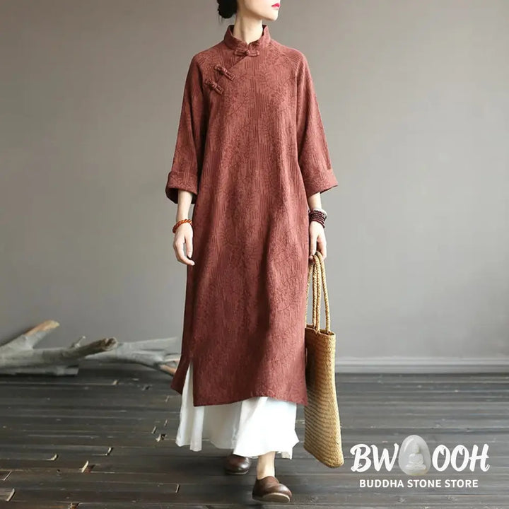 Buddha Stones Flower Jacquard Midi Dress Long Sleeve Cotton Linen Dress Wide Leg Pants With Pockets - Midi Dress&amp;Wide