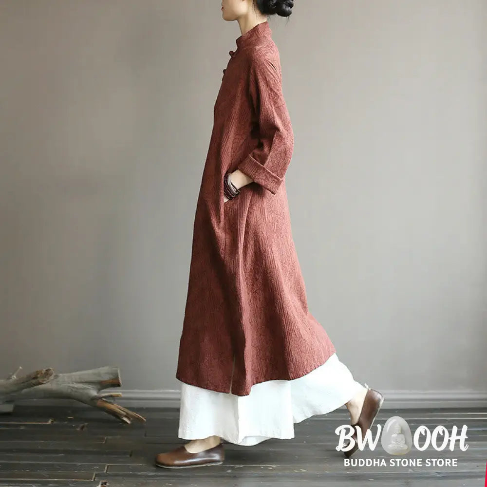 Buddha Stones Flower Jacquard Midi Dress Long Sleeve Cotton Linen Dress Wide Leg Pants With Pockets - Midi Dress&amp;Wide