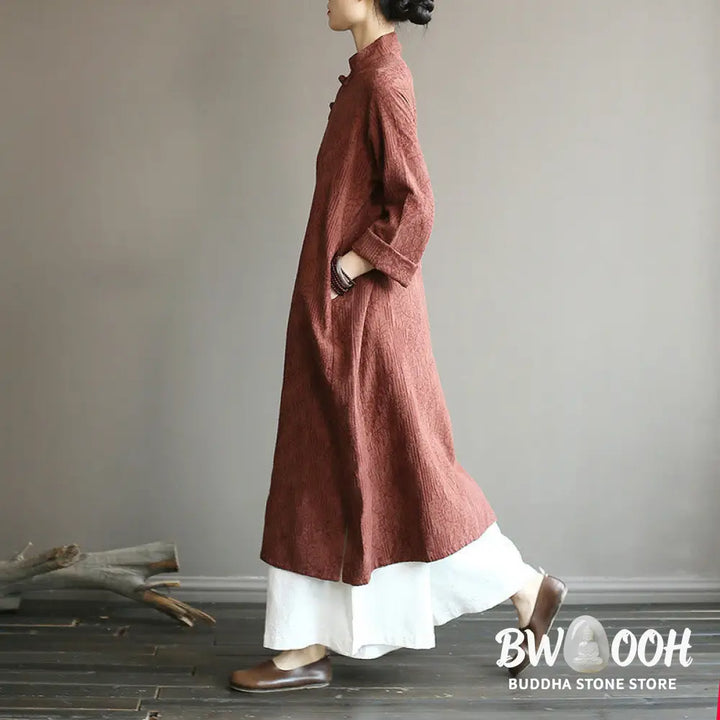 Buddha Stones Flower Jacquard Midi Dress Long Sleeve Cotton Linen Dress Wide Leg Pants With Pockets - Midi Dress&amp;Wide
