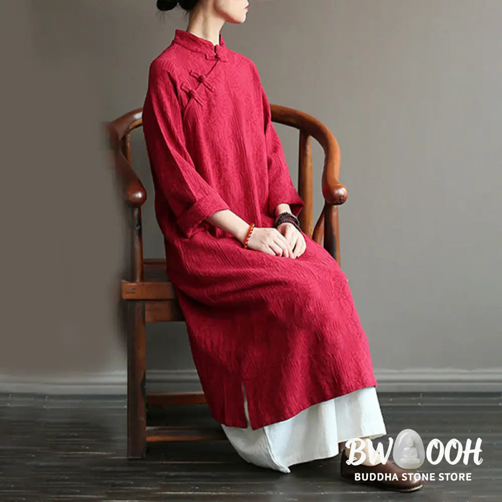 Buddha Stones Flower Jacquard Midi Dress Long Sleeve Cotton Linen Dress Wide Leg Pants With Pockets - Midi Dress&amp;Wide