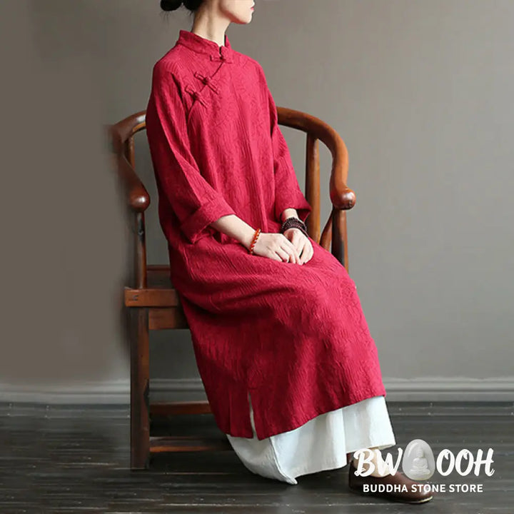 Buddha Stones Flower Jacquard Midi Dress Long Sleeve Cotton Linen Dress Wide Leg Pants With Pockets - Midi Dress&amp;Wide