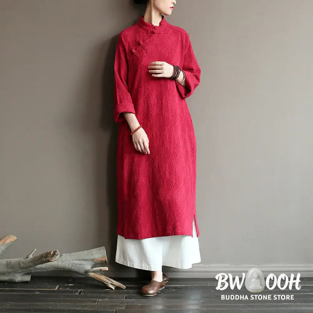 Buddha Stones Flower Jacquard Midi Dress Long Sleeve Cotton Linen Dress Wide Leg Pants With Pockets - Midi Dress&amp;Wide