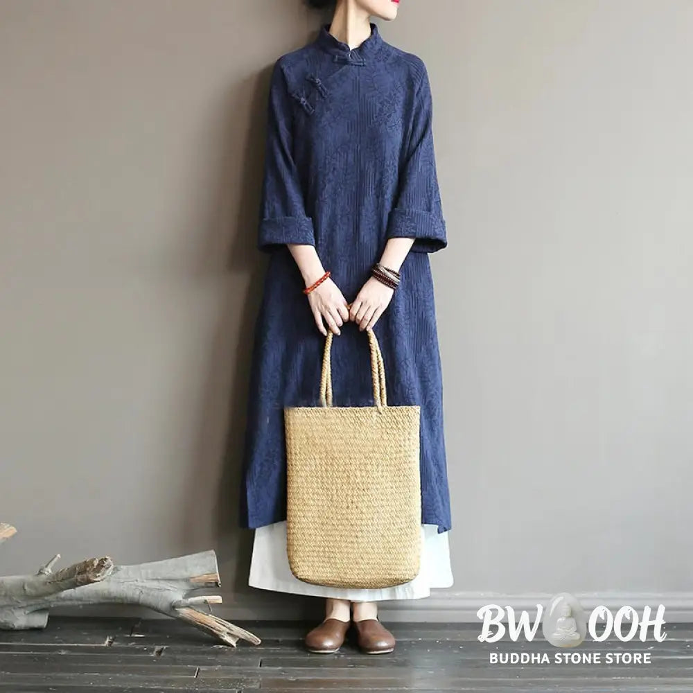 Buddha Stones Flower Jacquard Midi Dress Long Sleeve Cotton Linen Dress Wide Leg Pants With Pockets - Midi Dress&amp;Wide