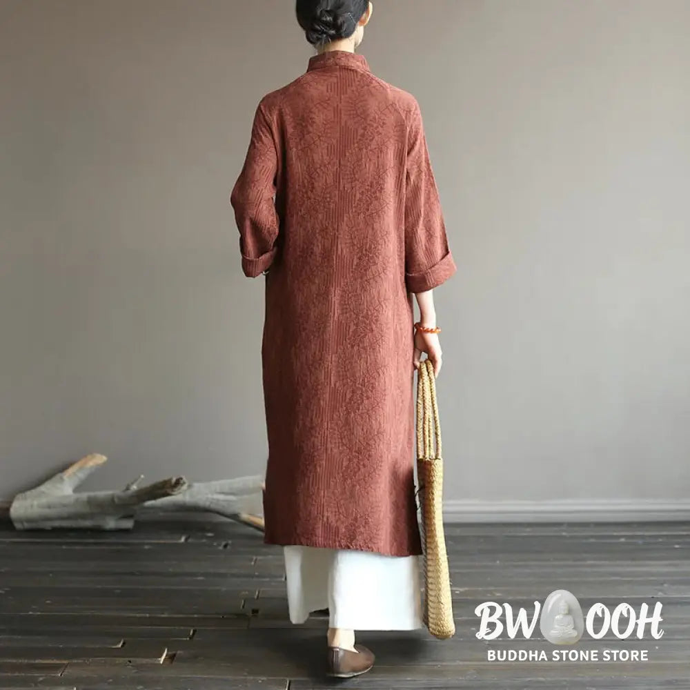 Buddha Stones Flower Jacquard Midi Dress Long Sleeve Cotton Linen Dress Wide Leg Pants With Pockets - Midi Dress&amp;Wide