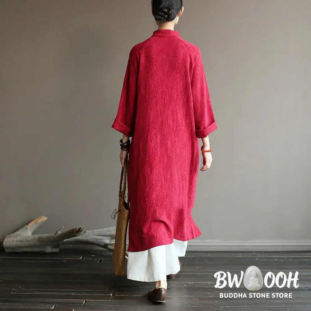 Buddha Stones Flower Jacquard Midi Dress Long Sleeve Cotton Linen Dress Wide Leg Pants With Pockets - Midi Dress&amp;Wide