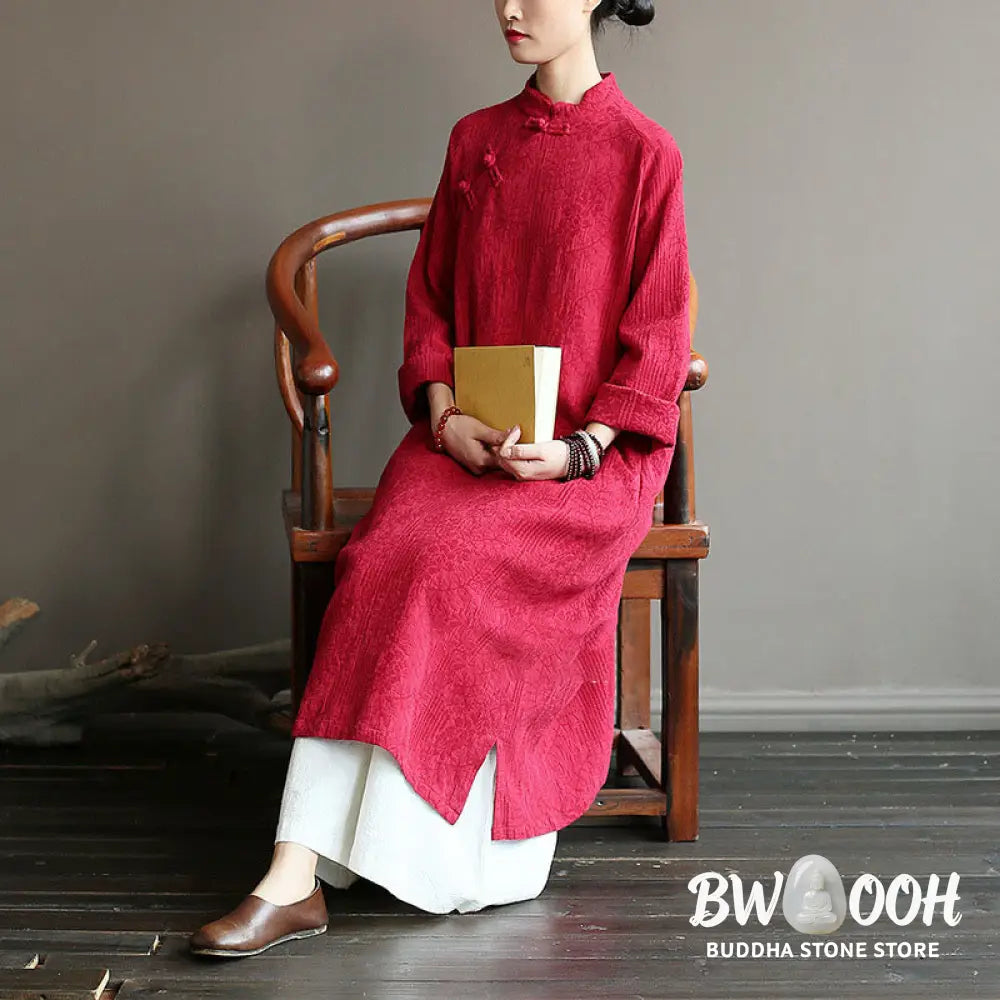 Buddha Stones Flower Jacquard Midi Dress Long Sleeve Cotton Linen Dress Wide Leg Pants With Pockets - Midi Dress&amp;Wide