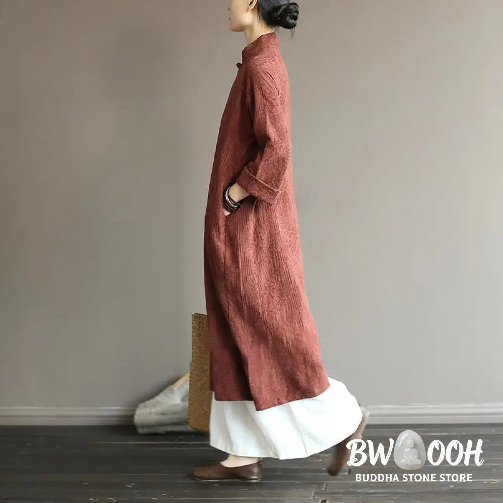 Buddha Stones Flower Jacquard Midi Dress Long Sleeve Cotton Linen Dress Wide Leg Pants With Pockets - Midi Dress&amp;Wide