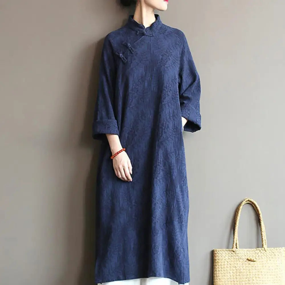 Buddha Stones Flower Jacquard Midi Dress Long Sleeve Cotton Linen Dress Wide Leg Pants With Pockets - Blue Dress(Dress