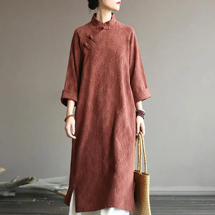 Buddha Stones Flower Jacquard Midi Dress Long Sleeve Cotton Linen Dress Wide Leg Pants With Pockets - Brown Dress(Dress