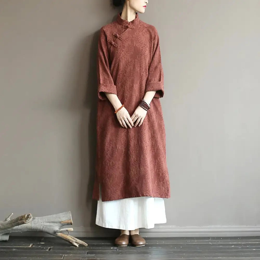 Buddha Stones Flower Jacquard Midi Dress Long Sleeve Cotton Linen Dress Wide Leg Pants With Pockets - Brown Dress&amp;Pants