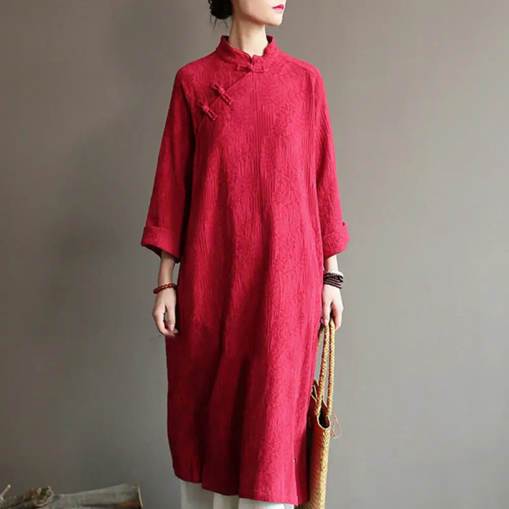 Buddha Stones Flower Jacquard Midi Dress Long Sleeve Cotton Linen Dress Wide Leg Pants With Pockets - Red Dress(Dress