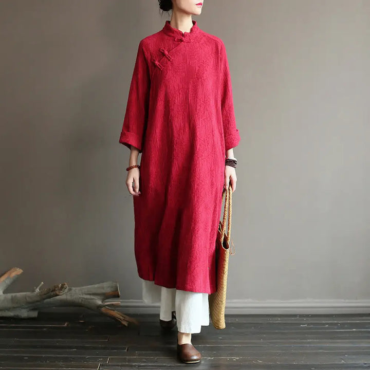 Buddha Stones Flower Jacquard Midi Dress Long Sleeve Cotton Linen Dress Wide Leg Pants With Pockets - Red Dress&amp;Pants