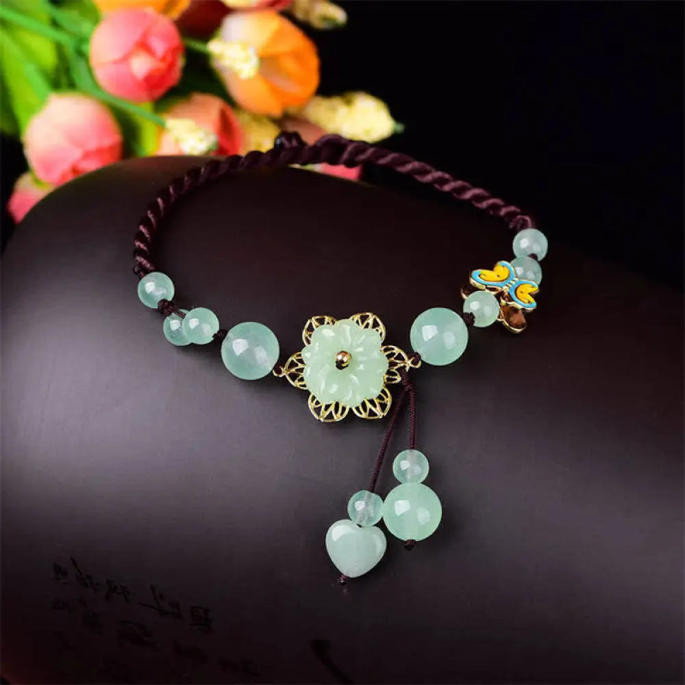 BWOOOH Flower Jade Butterfly Luck Abundance Charm Anklet