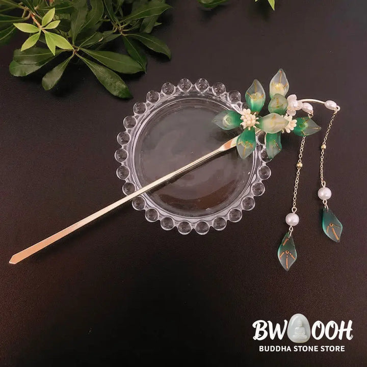 Buddha Stones Flower Leaf Pearl Peace Tassel Hairpin - Flower&amp;Leaf - Hairpin